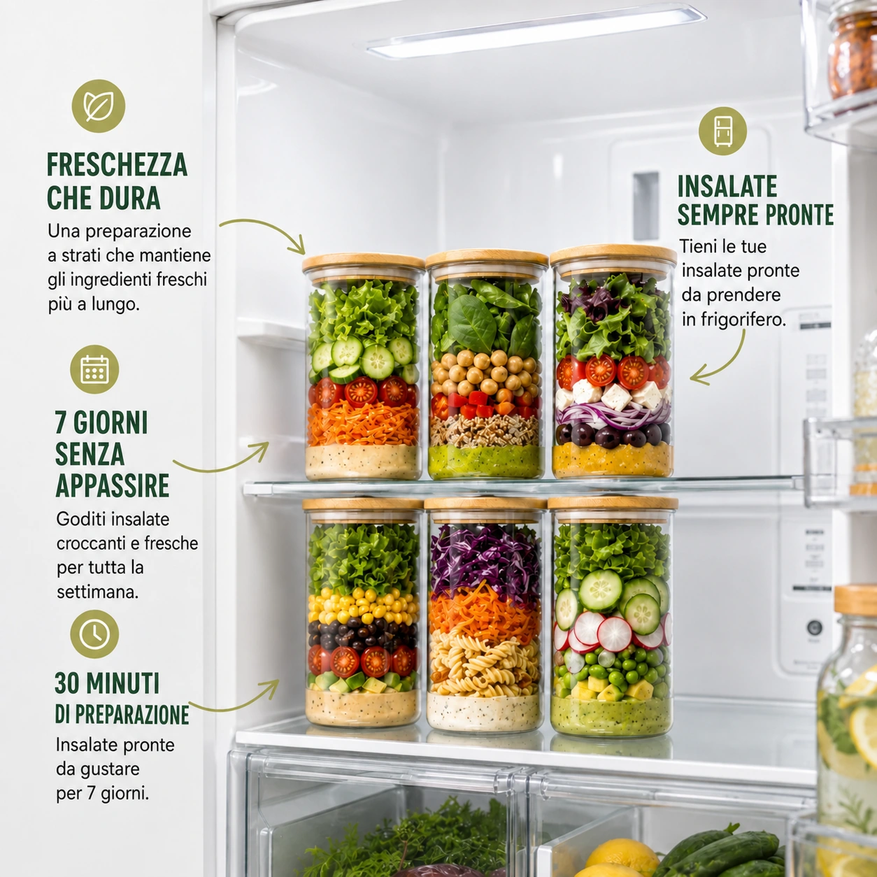 Insalate da 6 vasetti in frigo: freschezza che dura, 7 giorni senza appassire, 30 minuti di preparazione