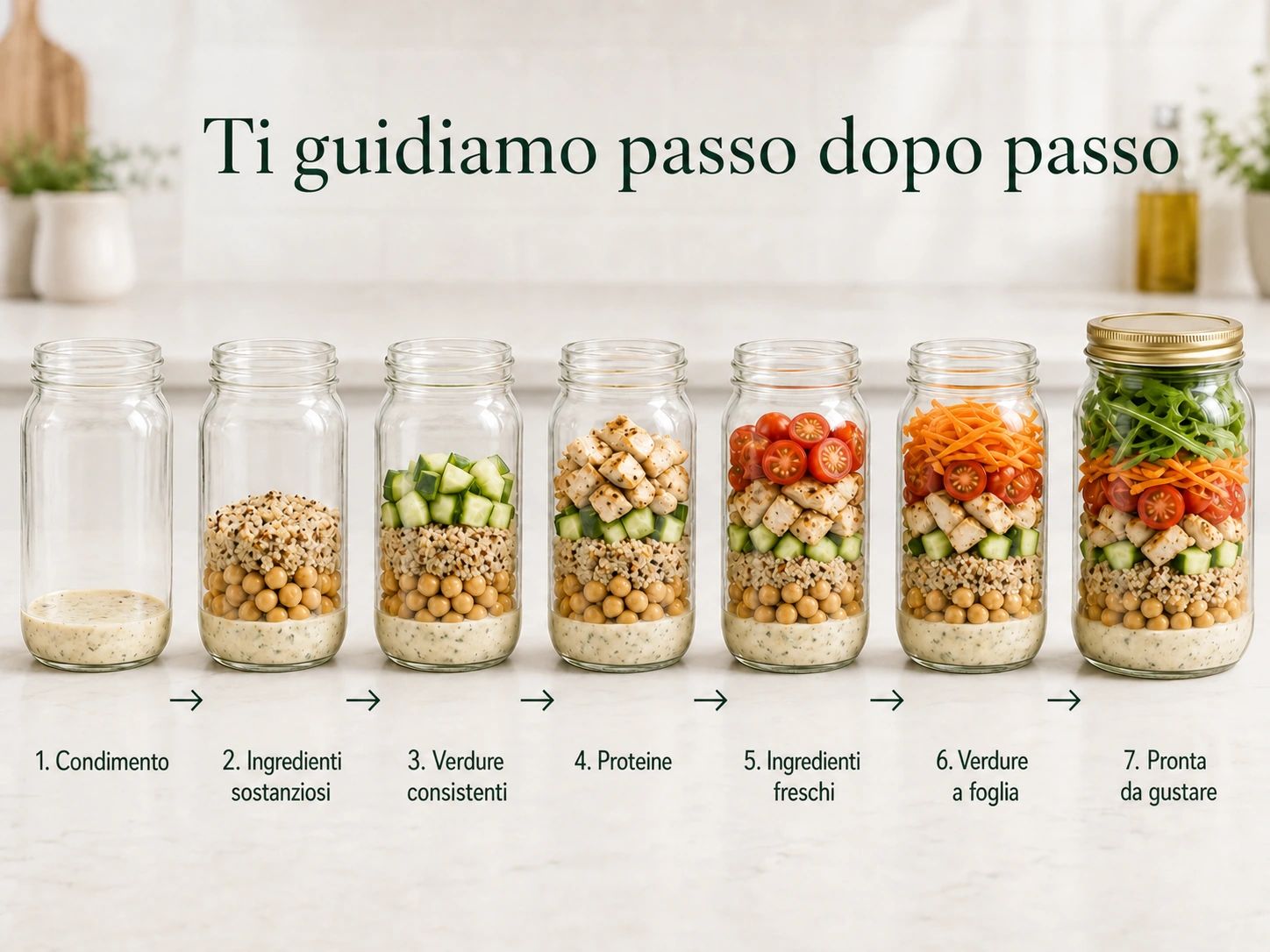 Metodo passo passo: condimento, ingredienti sostanziosi, verdure sode, proteine, ingredienti freschi, verdure in foglia, pronto da gustare