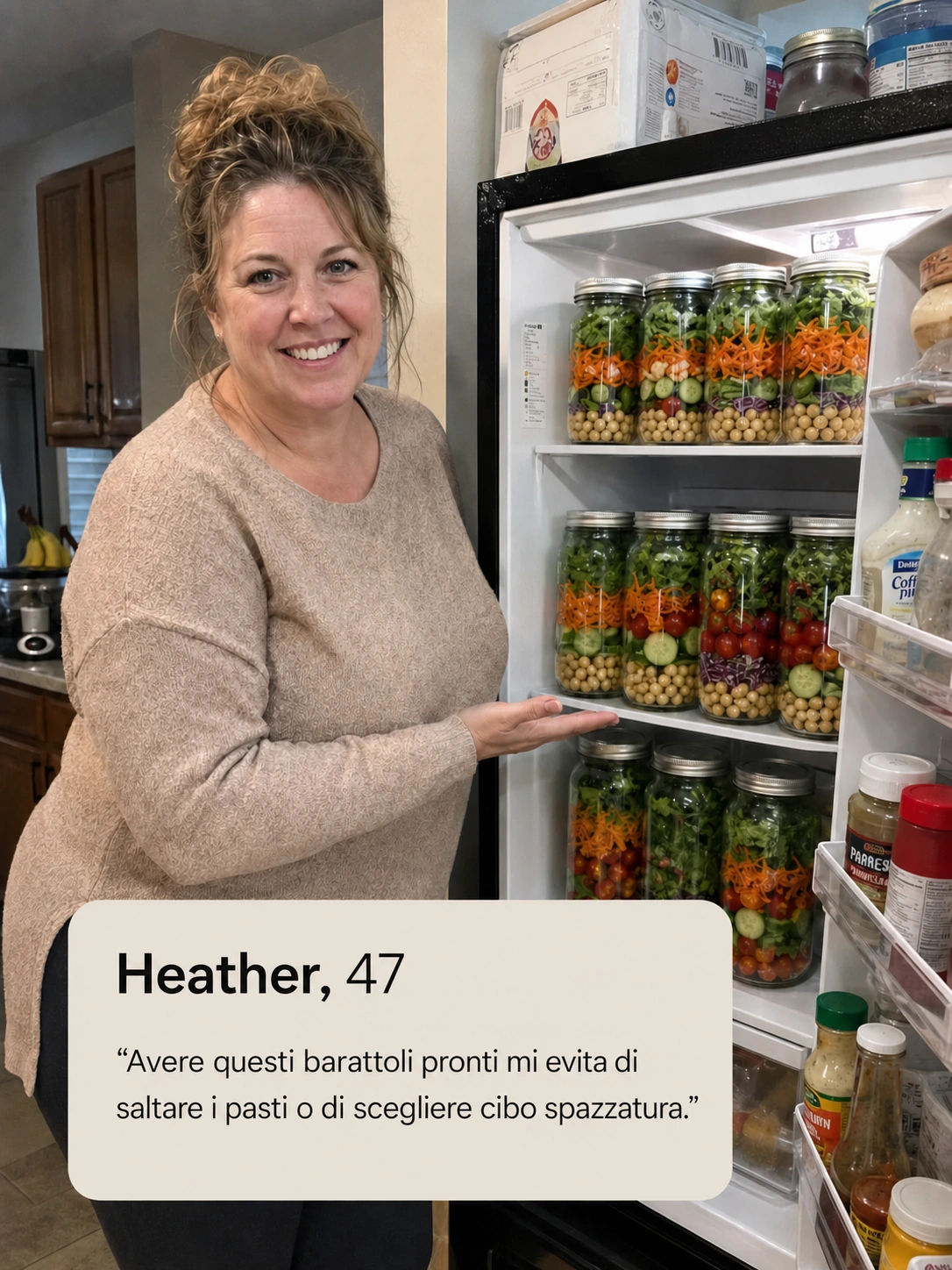 Heather, 47 anni – Avere questi barattoli pronti mi impedisce di saltare i pasti o di prendere cibo spazzatura